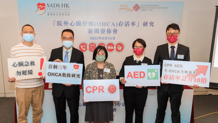 Prof. Amy Fu (2nd from right), Peter Hung Professor in Pain Management and Associate Head of the Department of Rehabilitation Sciences, and Dr Richard Xu (1st from right), Research Assistant Professor (Public Health) of the same department, presented their findings about young people who suffered heart attacks outside hospitals. They were joined by Ms Shirley Chan (centre), founder of SADS HK Foundation, which commissioned the study; Dr Axel Siu Yuet-chung (2nd from left), SADS HK advisor; and Mr Tommy Fung, who is a cardiac arrest survivor.