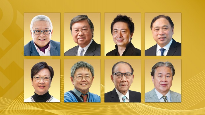 (First row from left) Mr Lawrence Chan Man-yiu, Mr Ho Sai-chu, Mr Leung Kin-fung, Dr Raymond Leung Siu-hong, (second row from left) Mrs May Tam Mak Mei-yin, Dr Joseph Ting Sun-pao, Prof. George Woo and Dr Yeung Kin-man