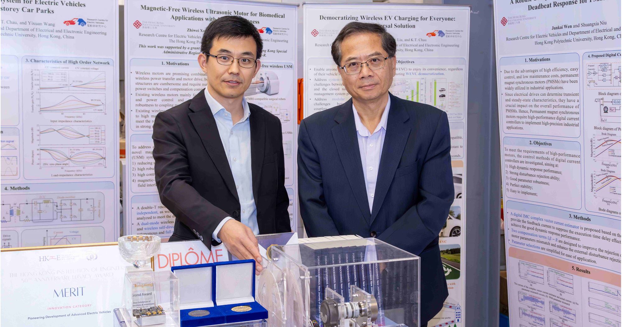The research, led by Prof. Chau Kwok Tong, Chair Professor of Electrical Energy Engineering, Department of Electrical and Electronic Engineering at PolyU (right) and Prof. Liu Wei, Assistant Professor of the same department (left), paves the way for wireless energy networks capable of delivering light, heat and motion. Their study has been published in Nature Reviews Electrical Engineering and received Gold Medal with Congratulations of the Jury at the 50th International Exhibition of Inventions Geneva in Switzerland and a Grand Prize and a Gold Medal at the 4th Asia Exhibition of Innovations and Inventions Hong Kong.
