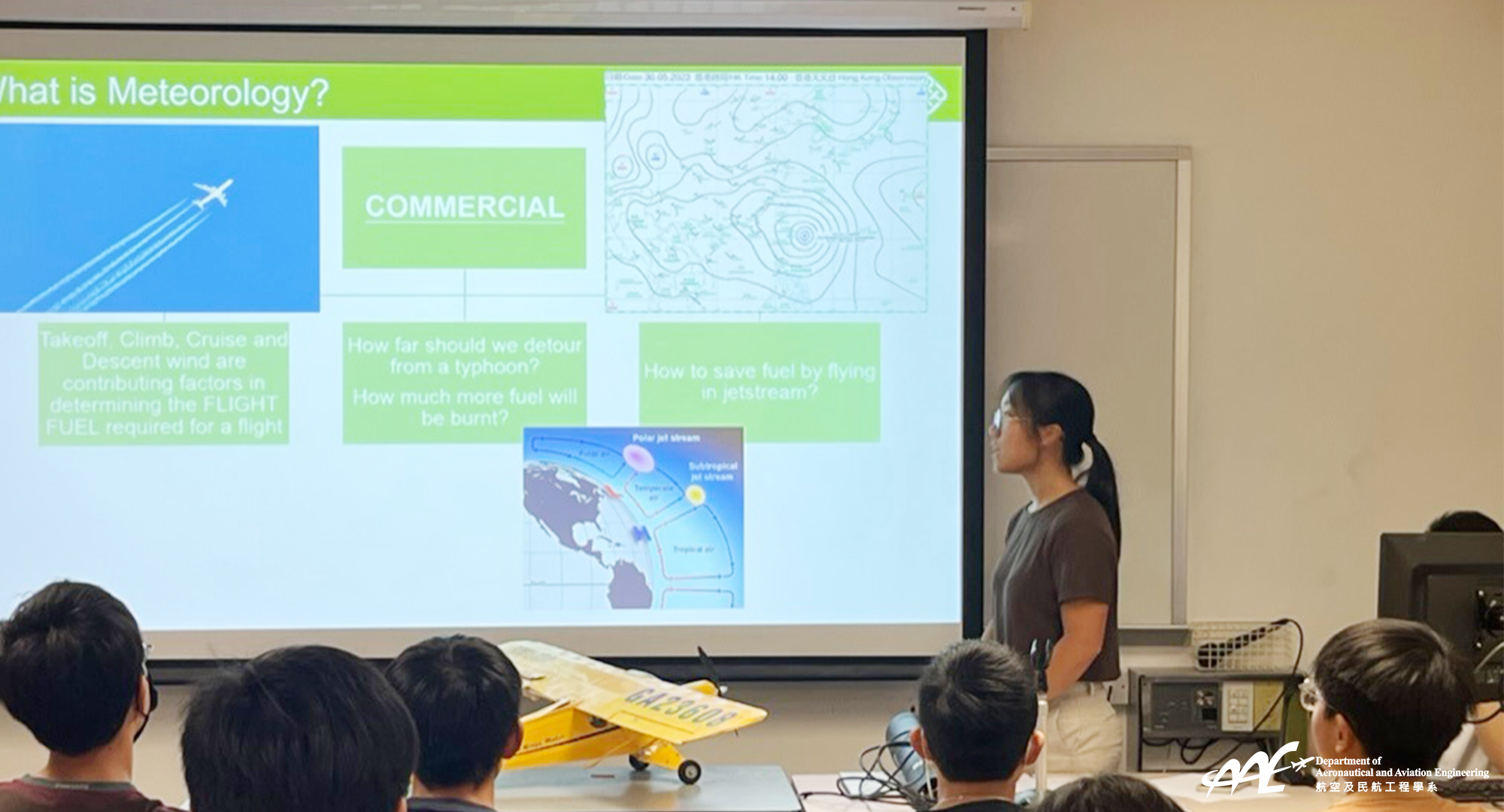 Ms Tse Hiu Wing Dorma explains to students the basics of Meteorology, which is one of the essential elements of aviation.