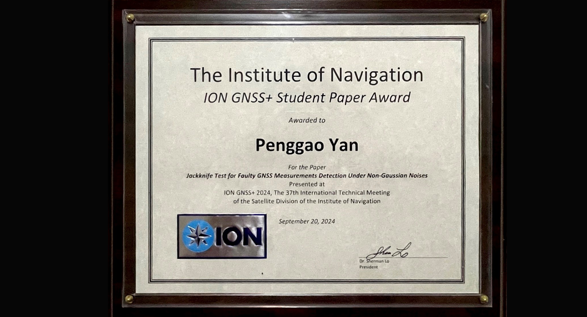 The certificate of the ION 2024 Student Paper Award.