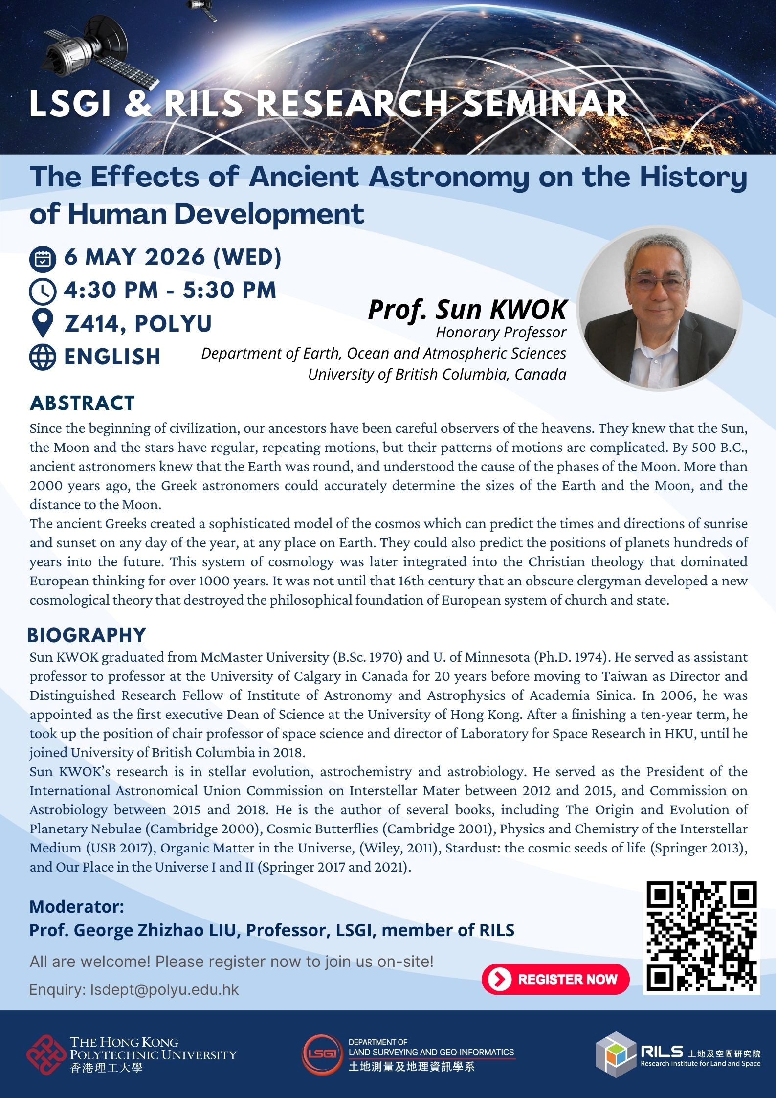 Poster of Research Seminar  Prof Sun KWOK 6 May 2026