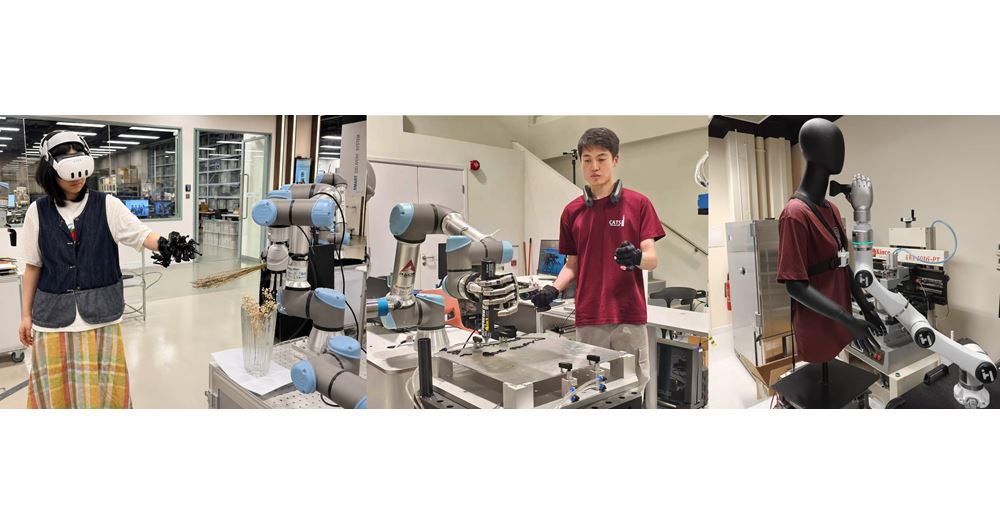 Among the first phase of the joint projects are (from left): “Flora·Bloom Dexterity: Mixed Reality Integrated Embodied Intelligent Dexterous Hands Enables Traditional Chinese Floral Culture Inheritance and Cross-Reality Fine-Grained Floral Interaction,” spearheaded by Prof. Lik-Hang Lee and his team; the TeleX data glove teleoperating with Linkerbot’s L20 dexterous hand, developed by Prof. Zheng Pai and his team at the PolyU start-up CobotAI; and “Ultrasound robotic arm scanning diagnosis system with embodied AI,” led by Dr Cheung Chung-wai and his team.