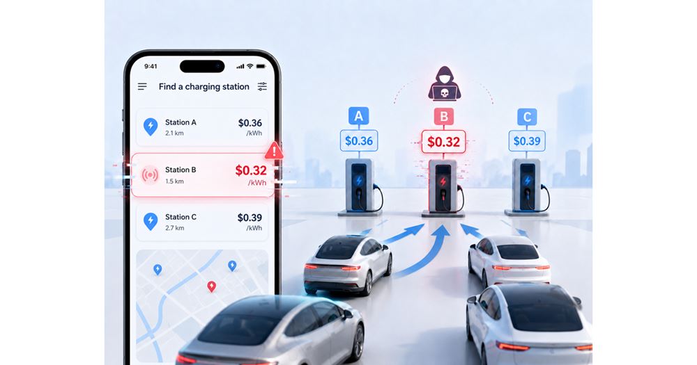 By manipulating the charging prices shown on EV navigation apps, attackers can covertly redirect many vehicles to the same charging station, concentrating demand and threatening grid security.