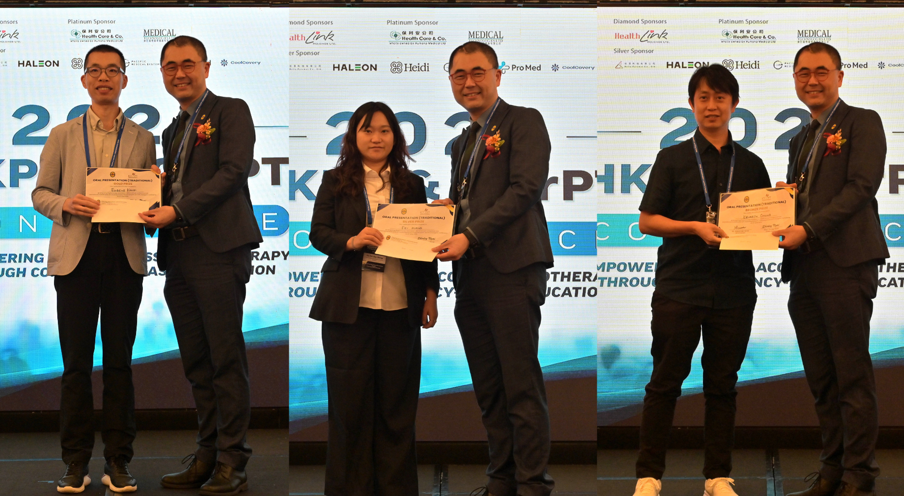 10-Minute Oral Presentation - Gold Prize: Mr Eugene Kwok (Associate Professor of Practice, PolyU RS) (Left), Silver Prize: Ms Fay Wang (Part-time MPhil student) (Centre) and Bronze Prize: Mr Kenneth Chung (Associate Professor of Practice, PolyU RS) (Right)