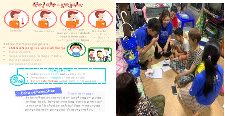 三名參與 “學生領袖培育計劃”的學生領袖在網上溝通並合製有關新冠肺炎的海報和小冊子(左圖) ，以助日後在發展中國家提供保健服務。