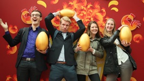 Inbound exchange students carrying golden eggs to celebrate Chinese New Year
